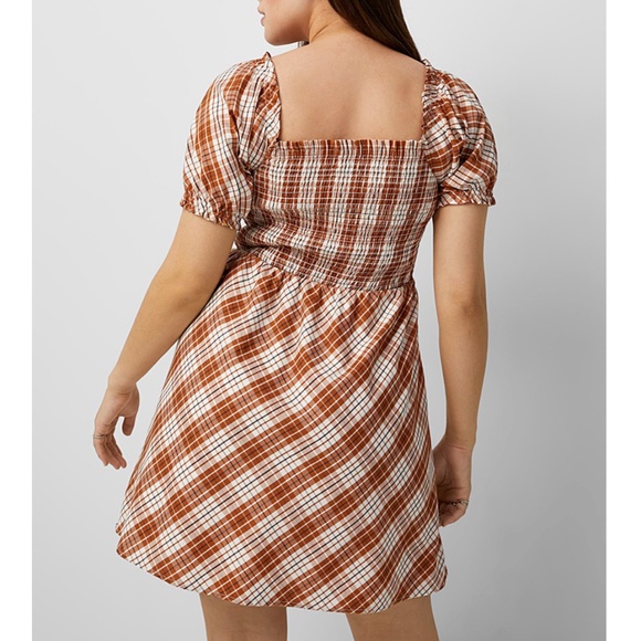 Check brown and white smocked puff sleeve square neck peasant dress NWT - Picture 2 of 14